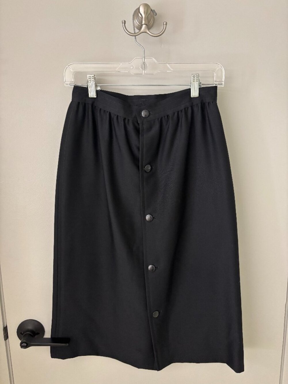 Vintage Courrèges Paris Black Wool Button Front Midi Skirt Made in France